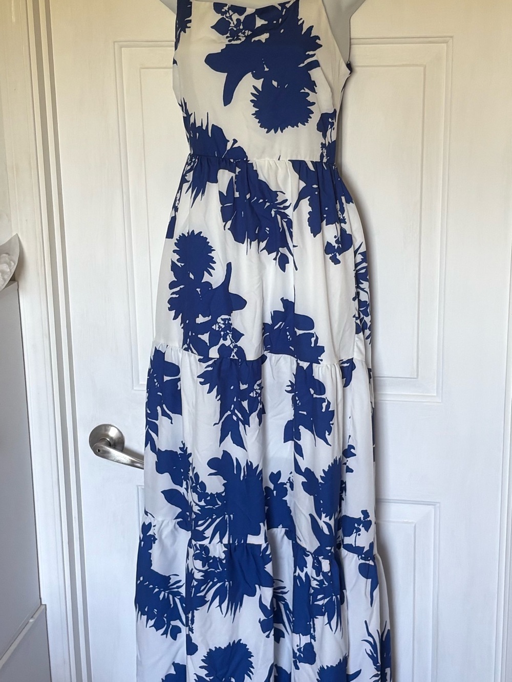 SHEIN White Maxi Dress with Blue Floral Pattern